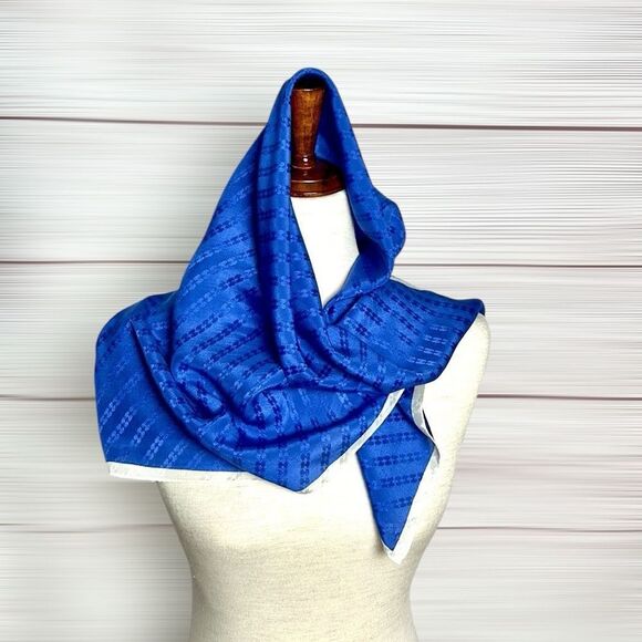 Silk Square Scarf Blue Jacquard White Trim made in Japan 31x31” - Picture 1 of 7